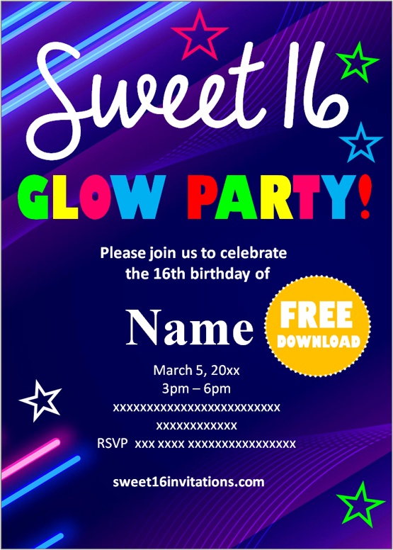 Neon Glow Sweet Sixteen Invites