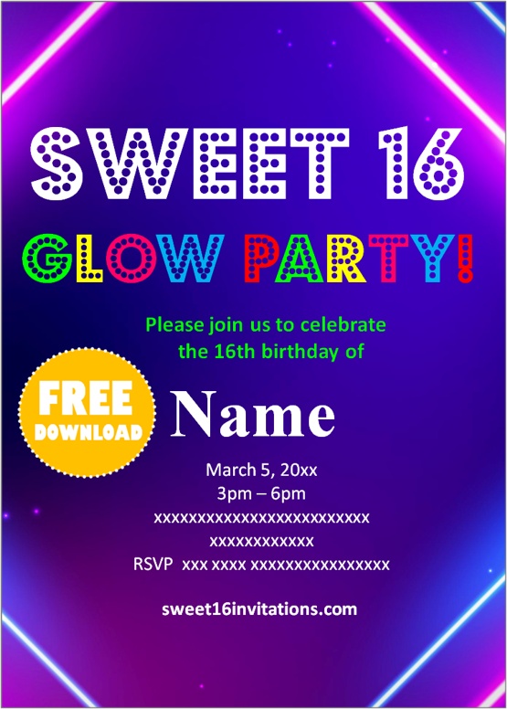Neon Glow Sweet Sixteen Invites