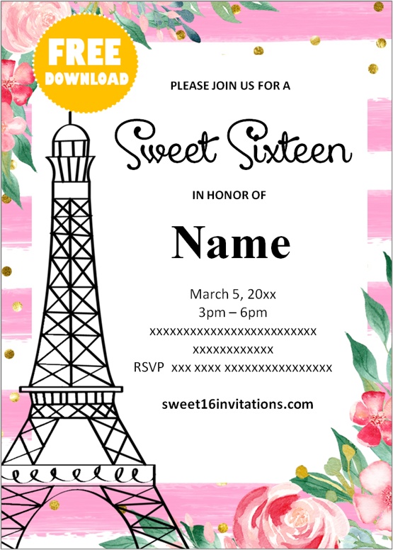 paris themed sweet 16 invitations